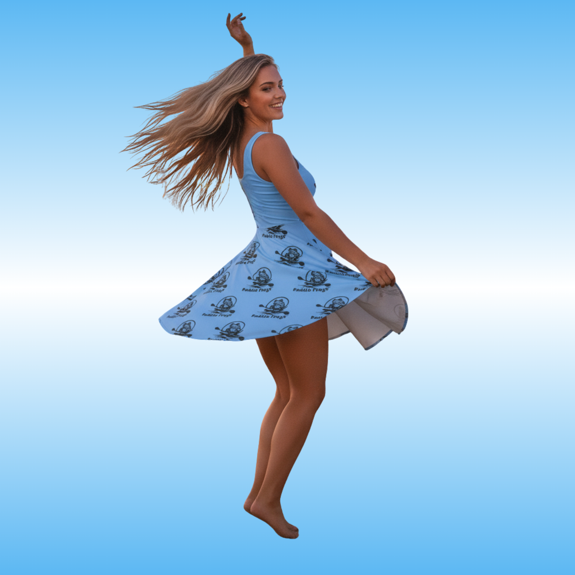 beautiful blue sundress summer dress Paddle Frogs Outdoor Gear dance twirl smile Woman in a blue dress with a pattern against a clear blue sky