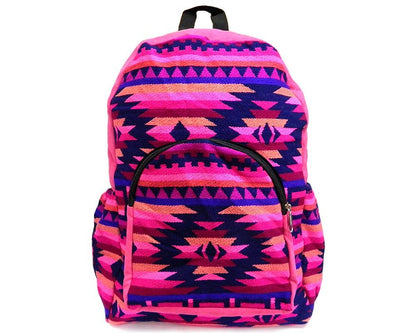 Backpack with pink and purple tribal pattern on a white background