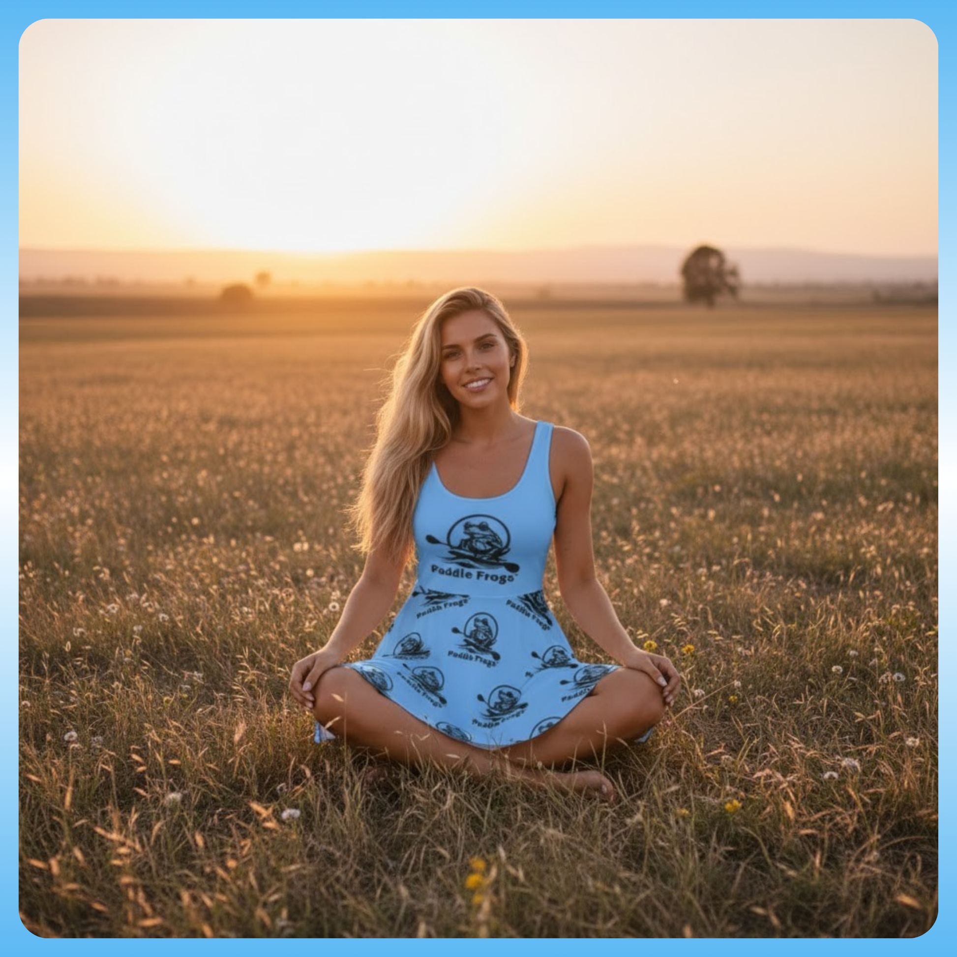 blonde lady Beautiful Blue Sundress | Skater Dress Paddle Frogs model sitting crisscross applesauce