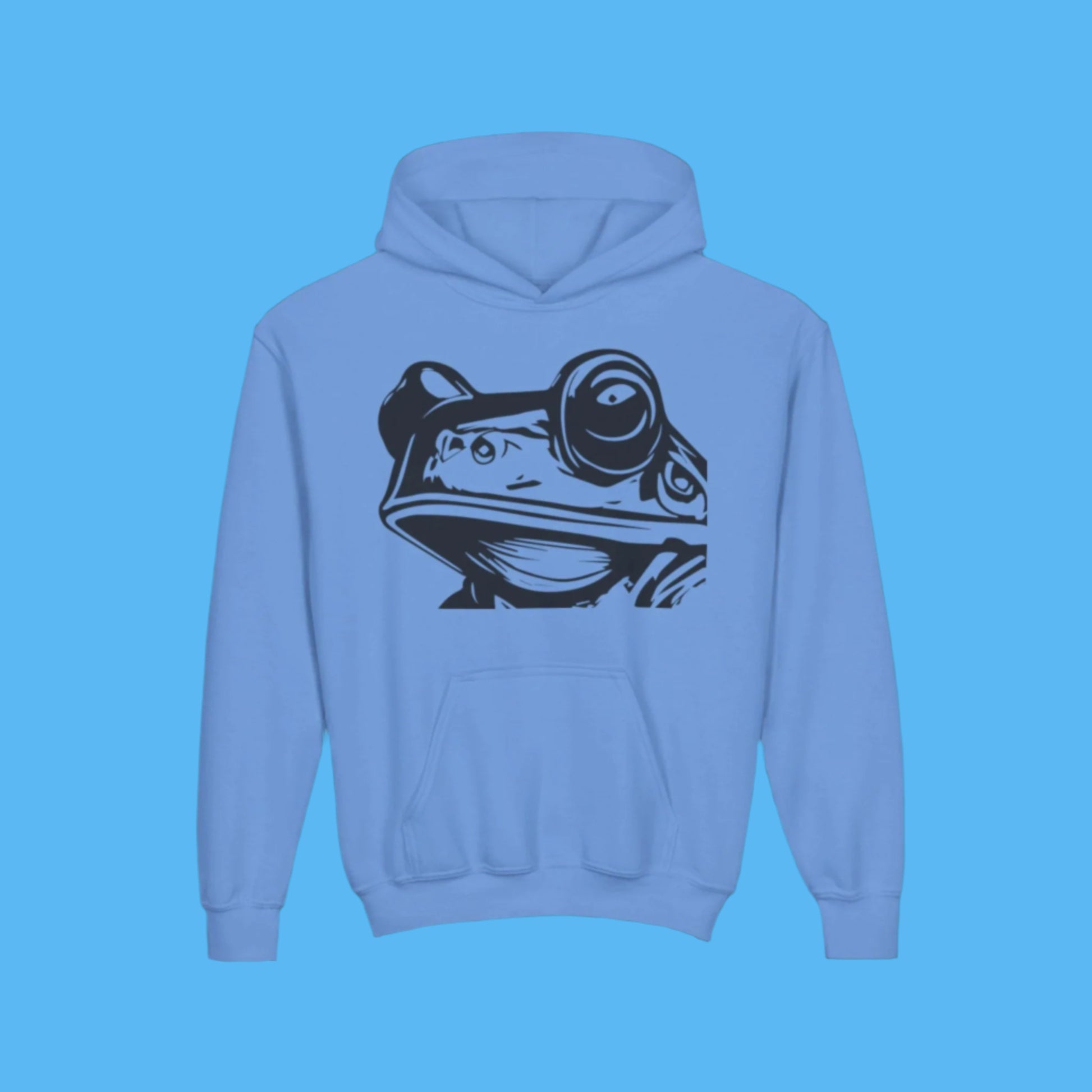 blue hoodie with a black Paddle Frogs frog graphic on the back and front with kangaroo pockets