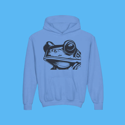 blue hoodie with a black Paddle Frogs frog graphic on the back and front with kangaroo pockets