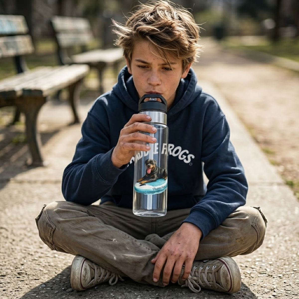 A teenage boy sitting crisscross applesauce wearing a dark blue Paddle Frogs hoodie drinking from a clear water bottle with a graphic of a rottweiler laying on a paddleboard.