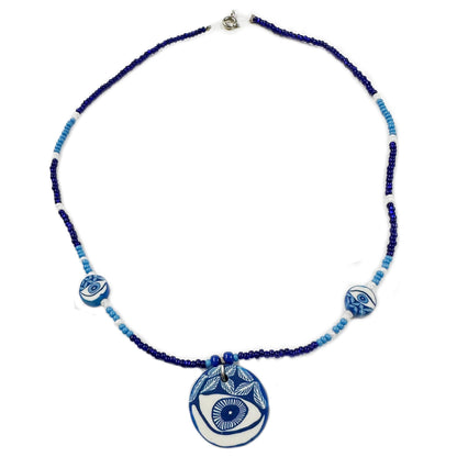 90s Y2K Beaded Glass Necklace with Polymer Clay Pendant