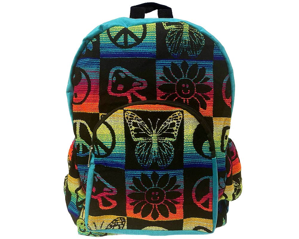 Backpack with colorful peace sign and butterfly pattern on a white background