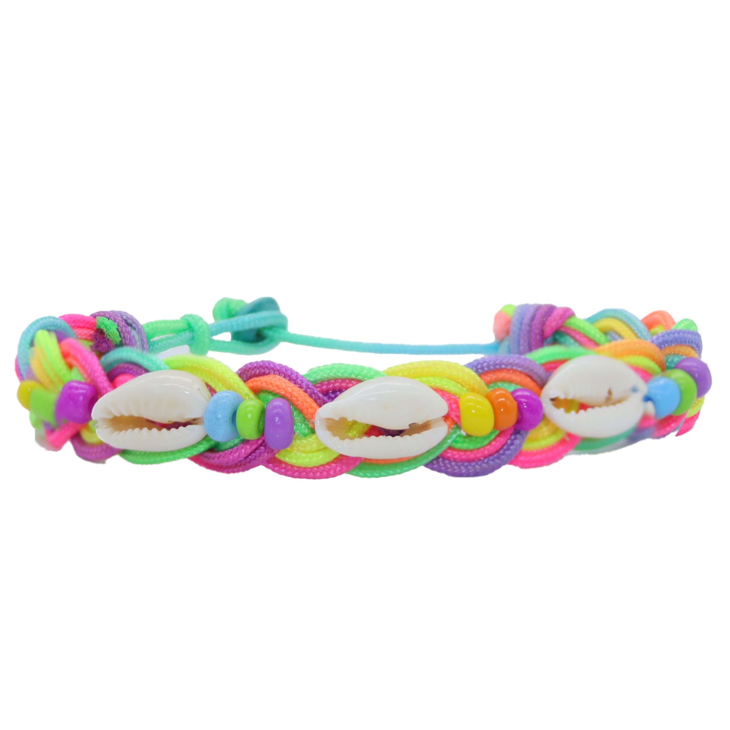 A rainbow of colors, beads, and shells on a braclet.