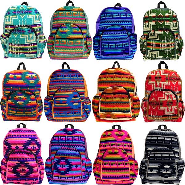 Collection of colorful patterned backpacks arranged in a grid.