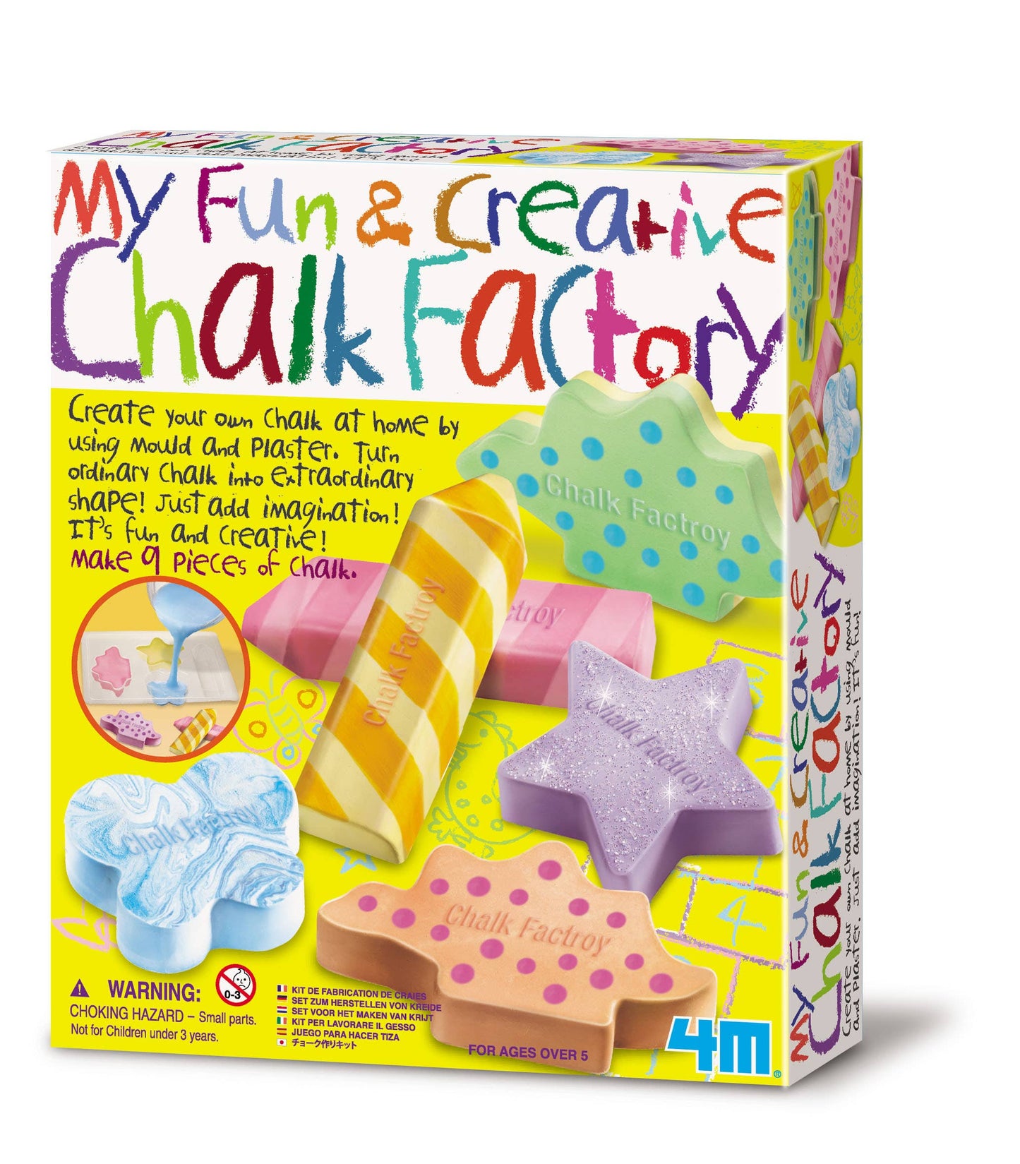 Box of 'My Fun & Creative Chalk Factory' with colorful chalk pieces on a white background