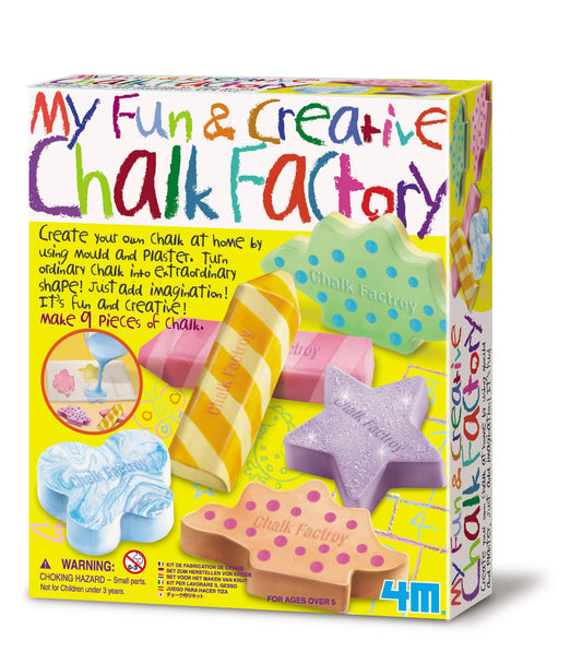 Box of 'My Fun & Creative Chalk Factory' with colorful chalk pieces on a white background