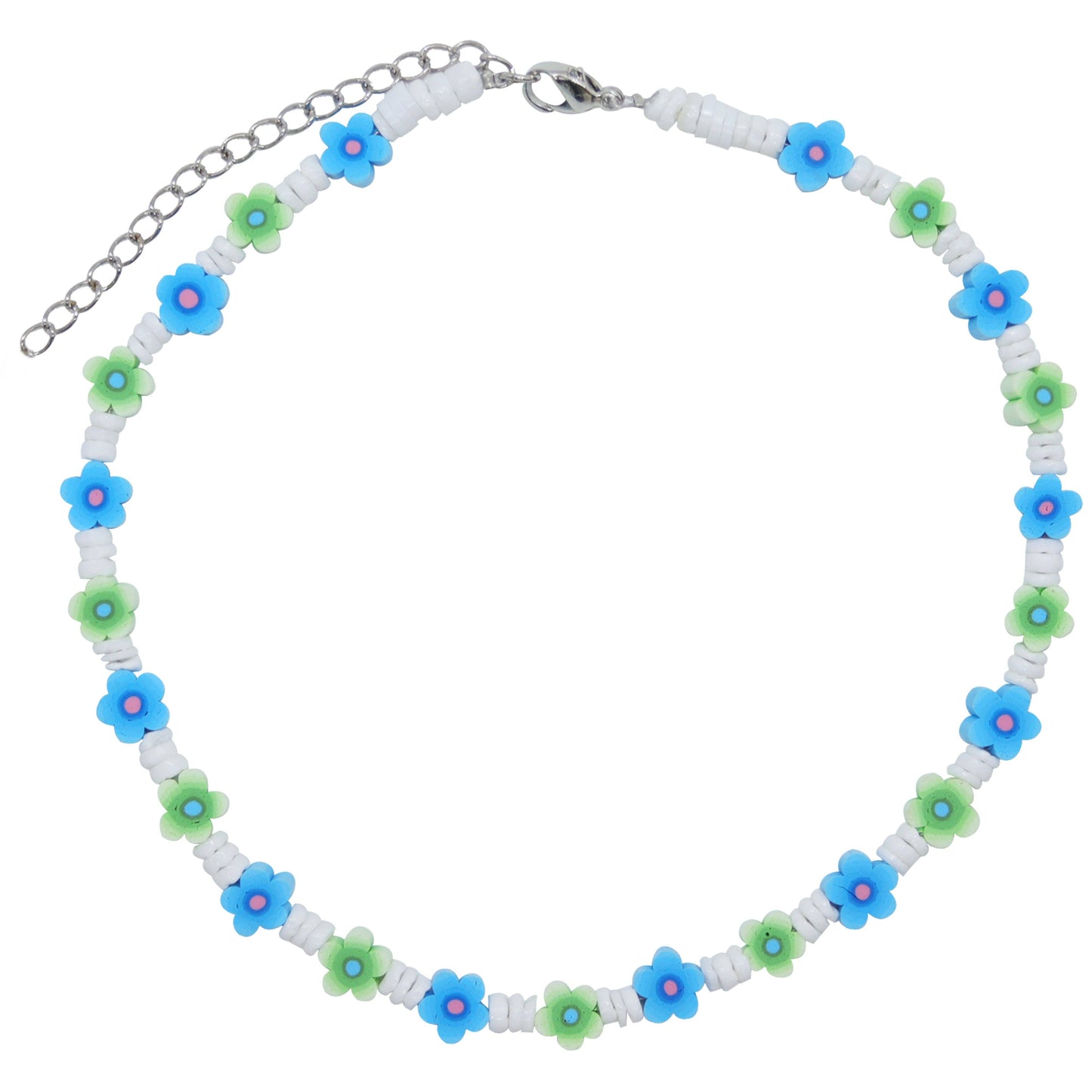 A beaded necklace featuring alternating white cylindrical beads and small flower charms in blue, green, and pink, with a silver-tone chain extender and clasp.
