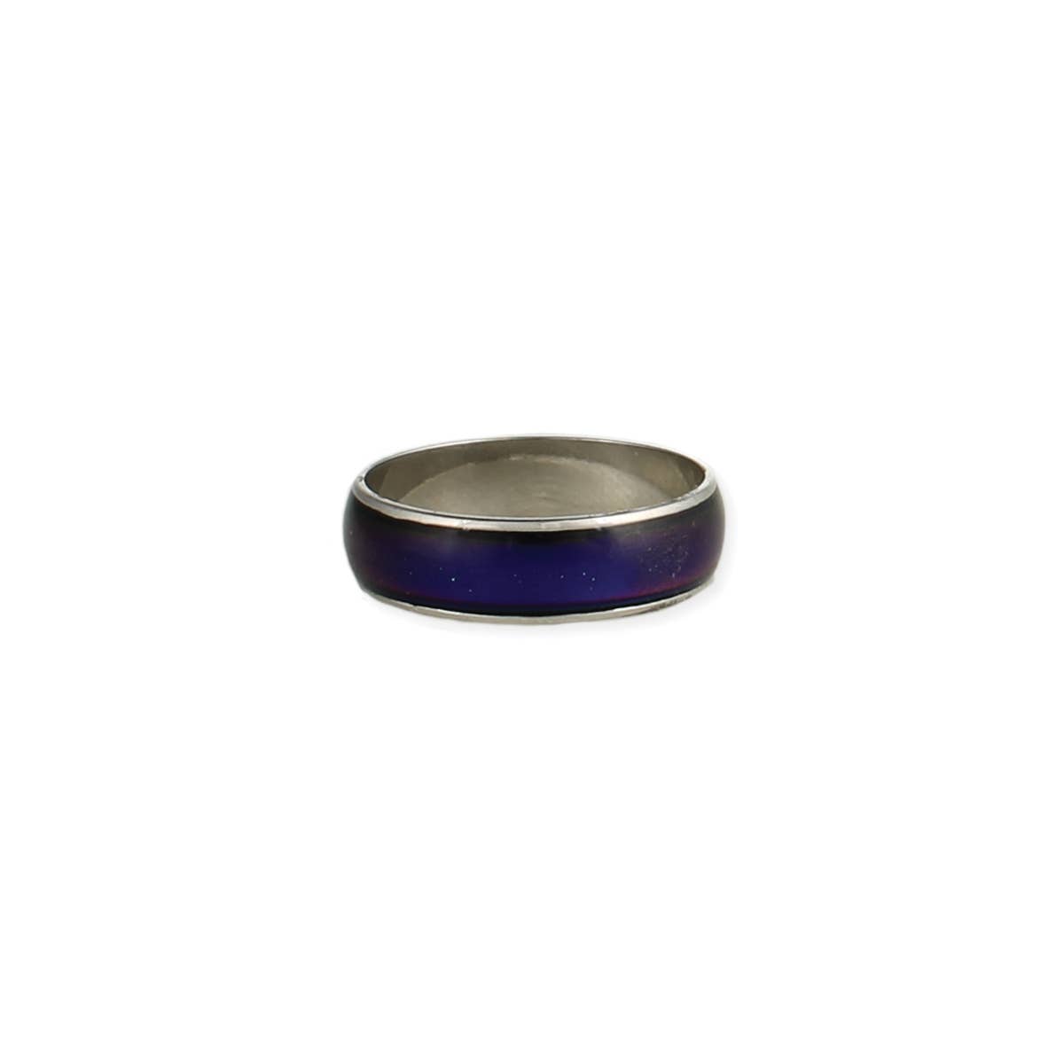 Mood ring with blue band and silver rim on a white background
