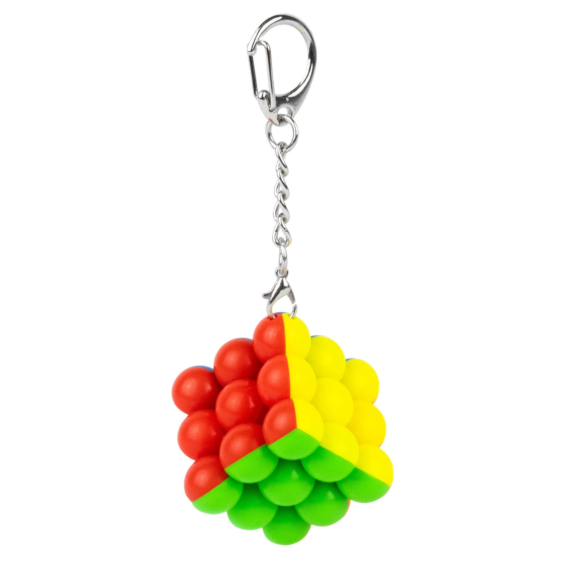 Colorful keychain with red, yellow, and green design on a white background