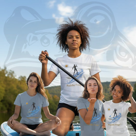 collage of photos on the Divine Escape paddle board wearing the "Sun Stoke" High-Quality Stand-Up Paddleboard T-Shirt – Premium Ring-Spun Cotton SUP Tee