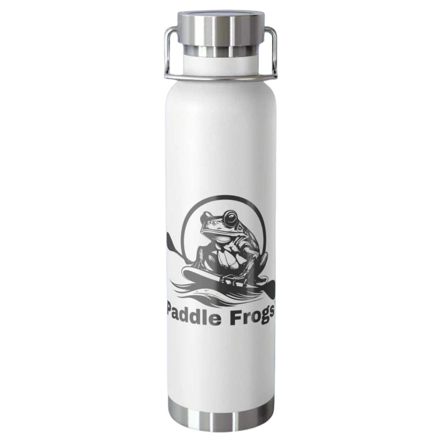 White copper insulated soup and coffee bottle with 'Paddle Frogs' logo on a white background