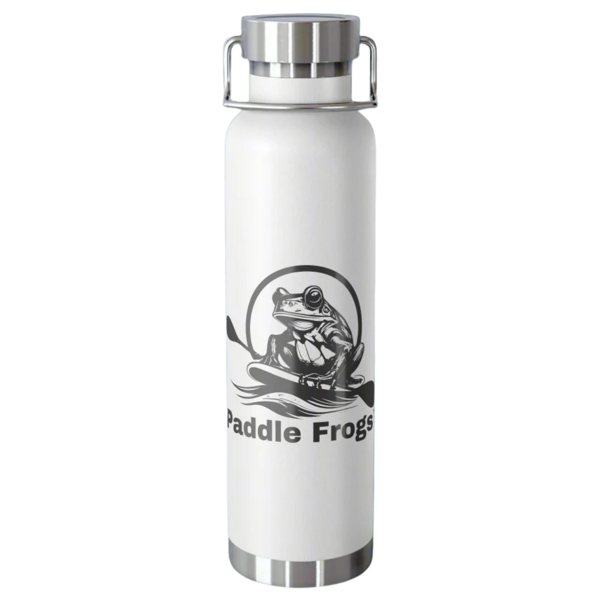 White copper insulated soup and coffee bottle with 'Paddle Frogs' logo on a white background