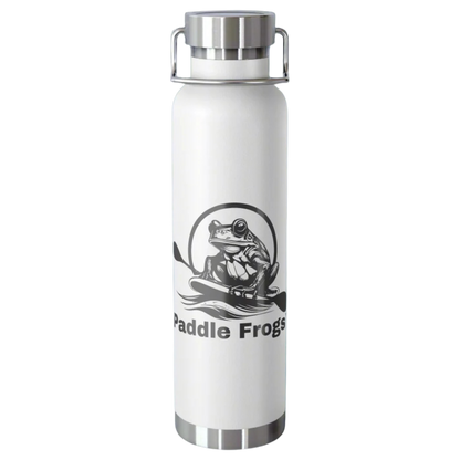 White copper insulated soup and coffee bottle with 'Paddle Frogs' logo on a white background