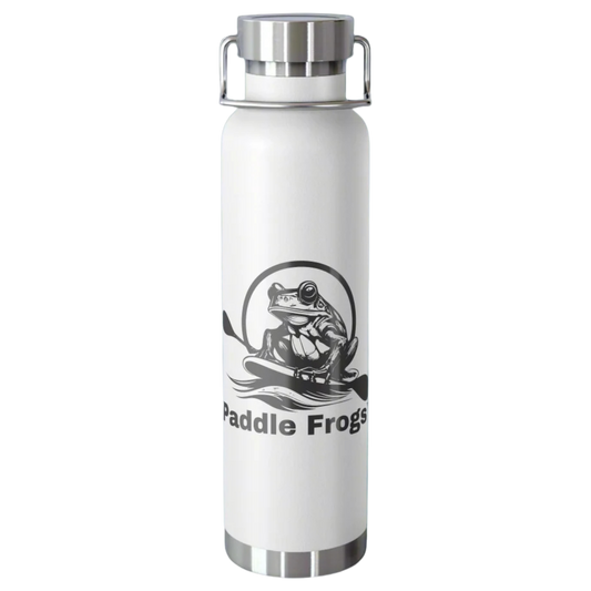 White copper insulated soup and coffee bottle with 'Paddle Frogs' logo on a white background
