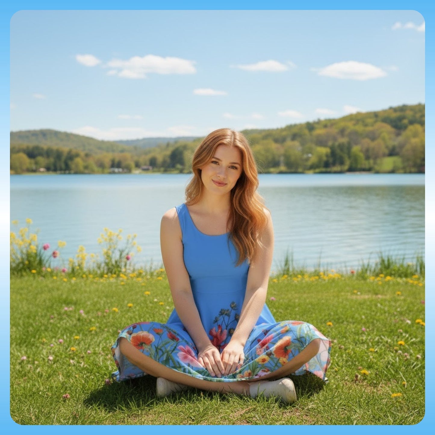 crisscross applesauce in the Azure Wild Bloom Skater Dress Paddle Frogs Outdoor Gear