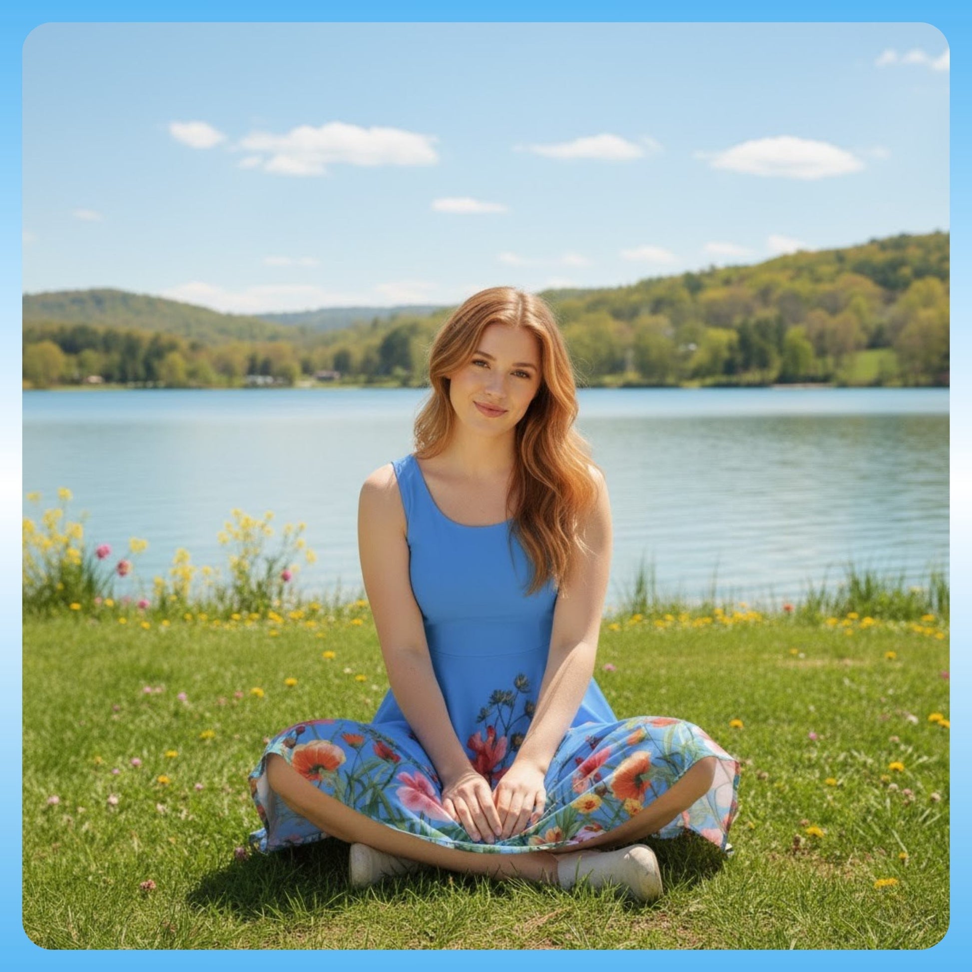 crisscross applesauce in the Azure Wild Bloom Skater Dress Paddle Frogs Outdoor Gear