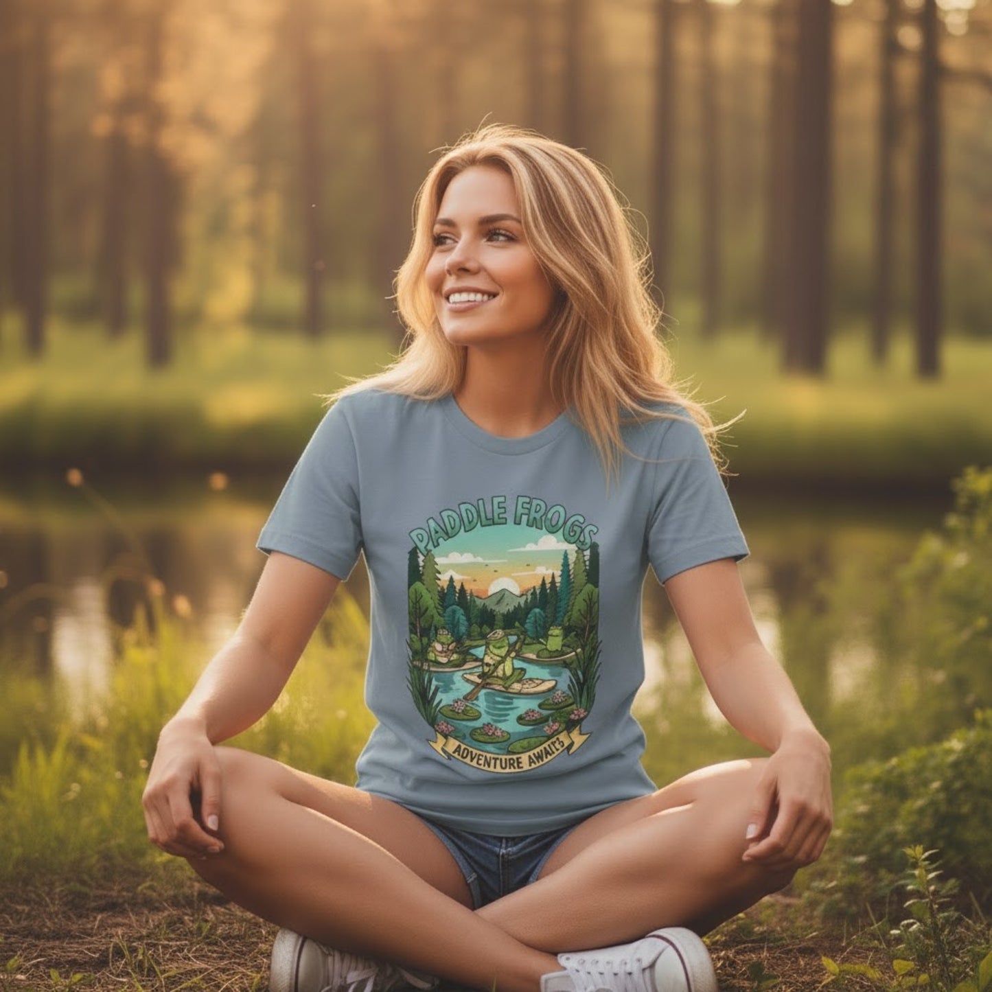 crisscross applesauce wearing Adventure Awaits | Paddle Frogs: T-shirt Stone Blue color