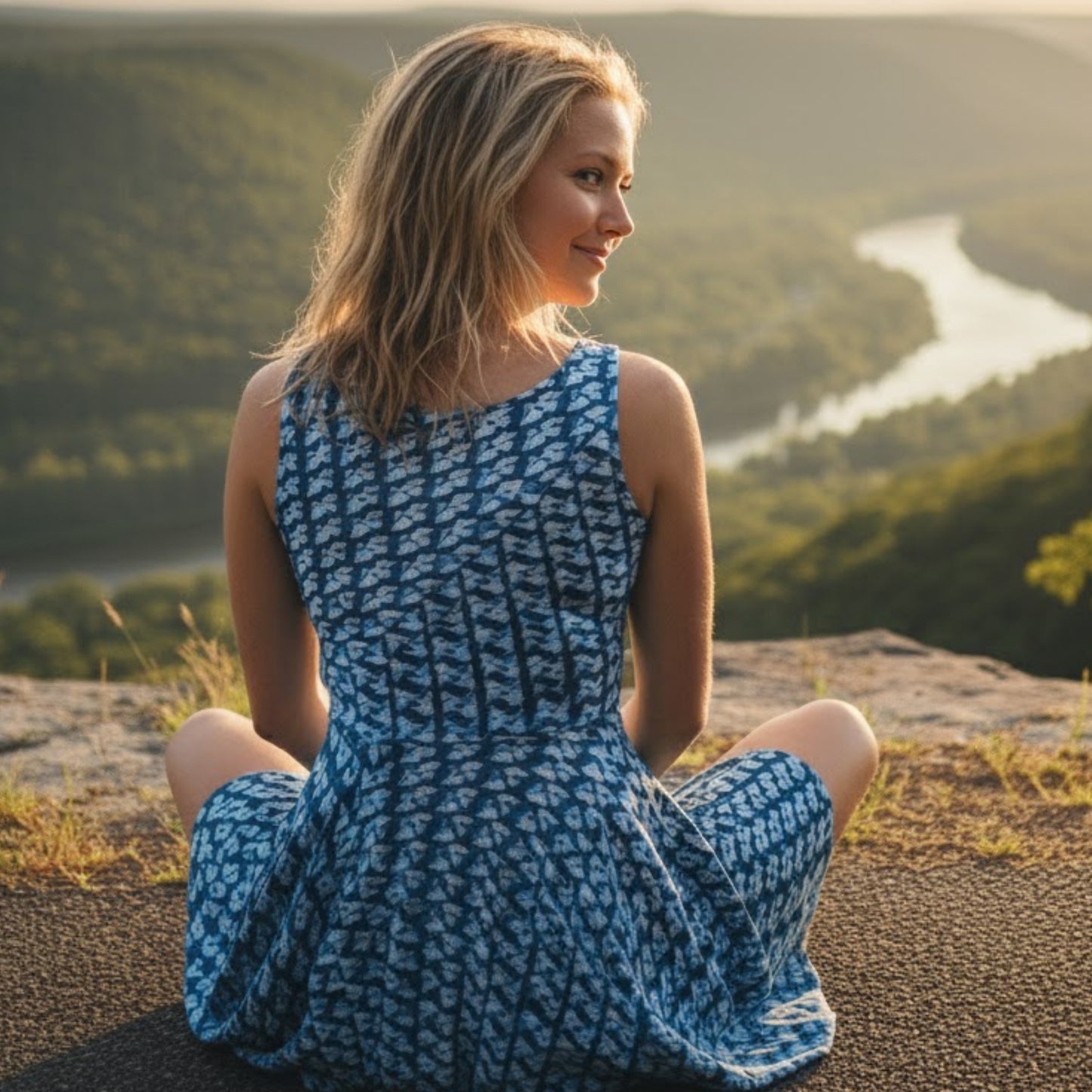 Woman in a blue dress sitting crisscross applesauce on a rocky outcrop overlooking a river and mountains.