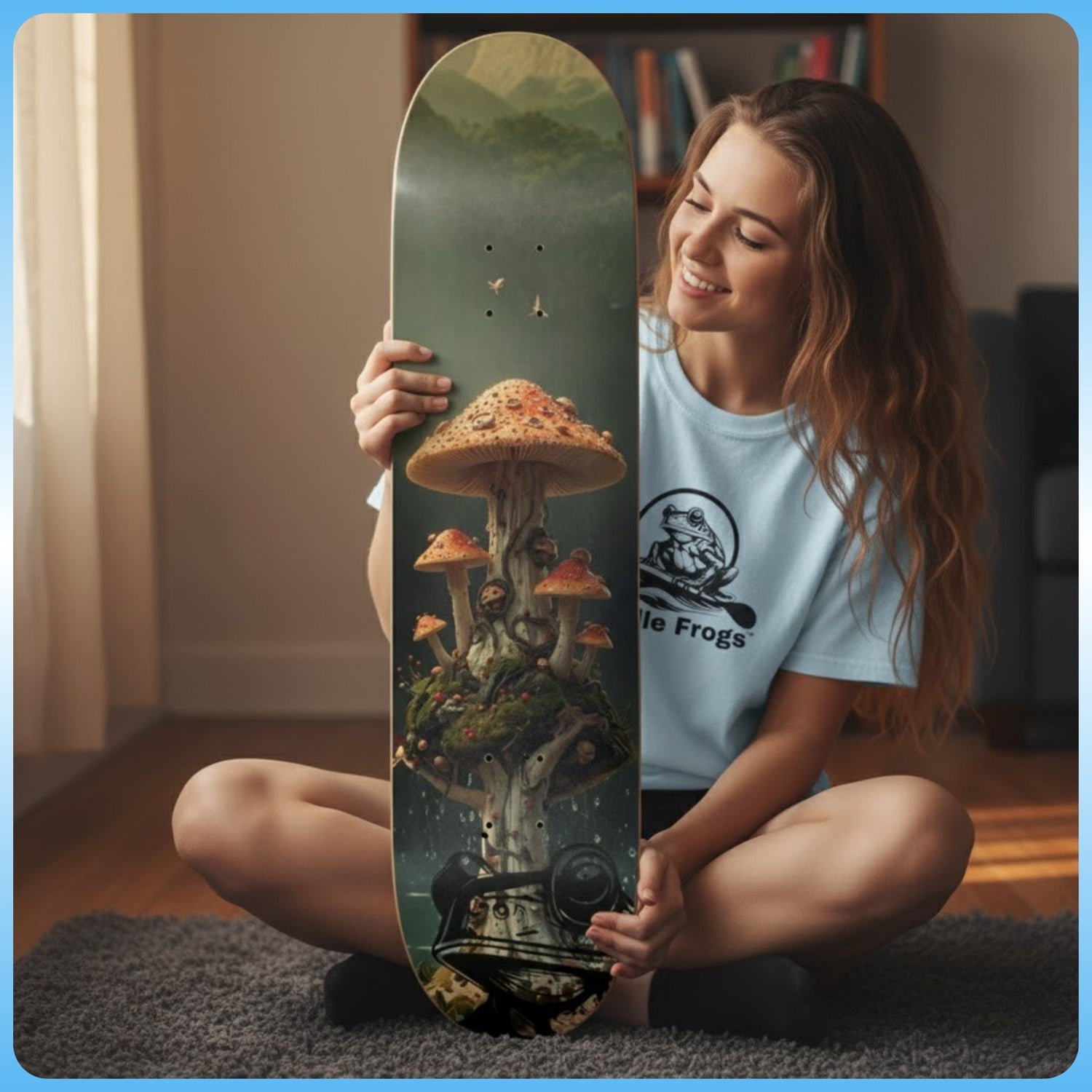 crisscross applesauce with the Deep in Magic Mushroom Forest | 8-Inch Popsicle Skateboard Deck | Paddle Frogs™