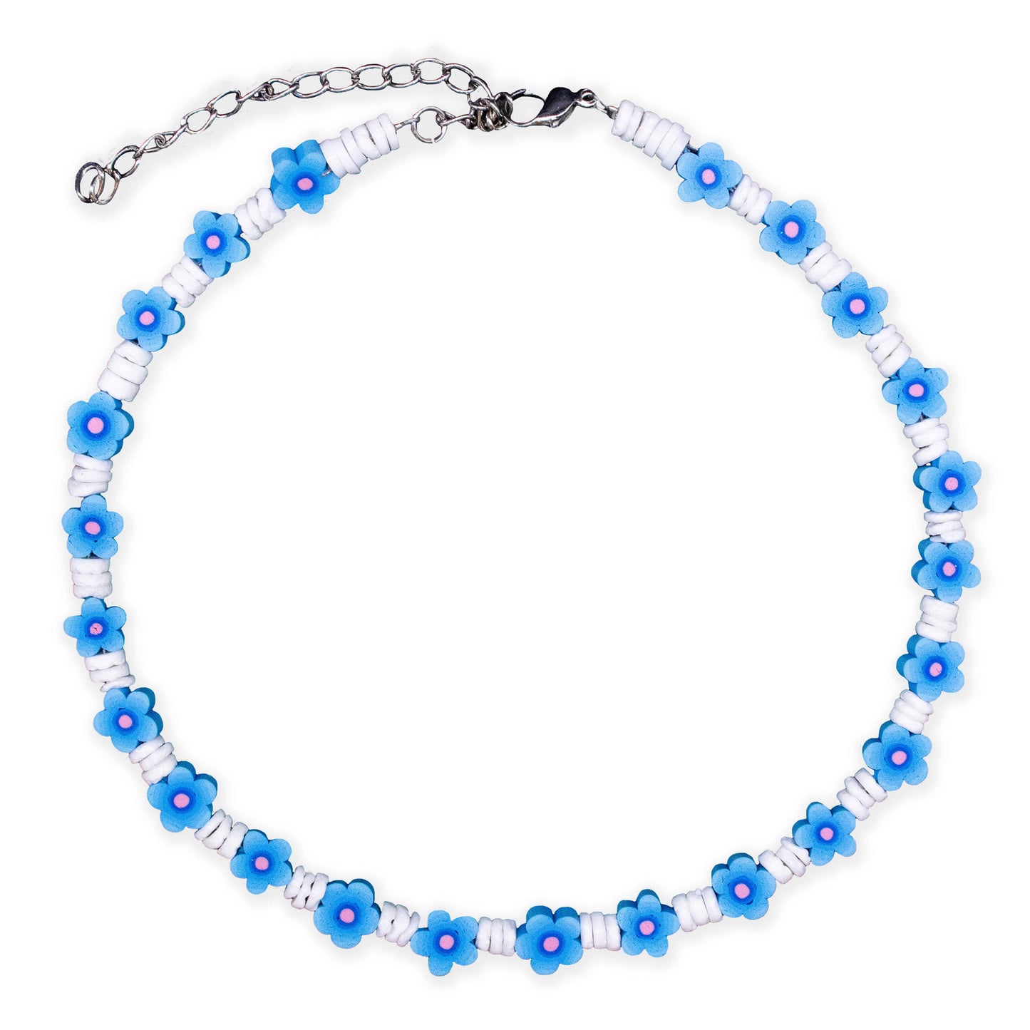 A beaded necklace featuring light blue flower beads with pink centers and white cylindrical beads, connected by a silver-toned chain with a lobster clasp.