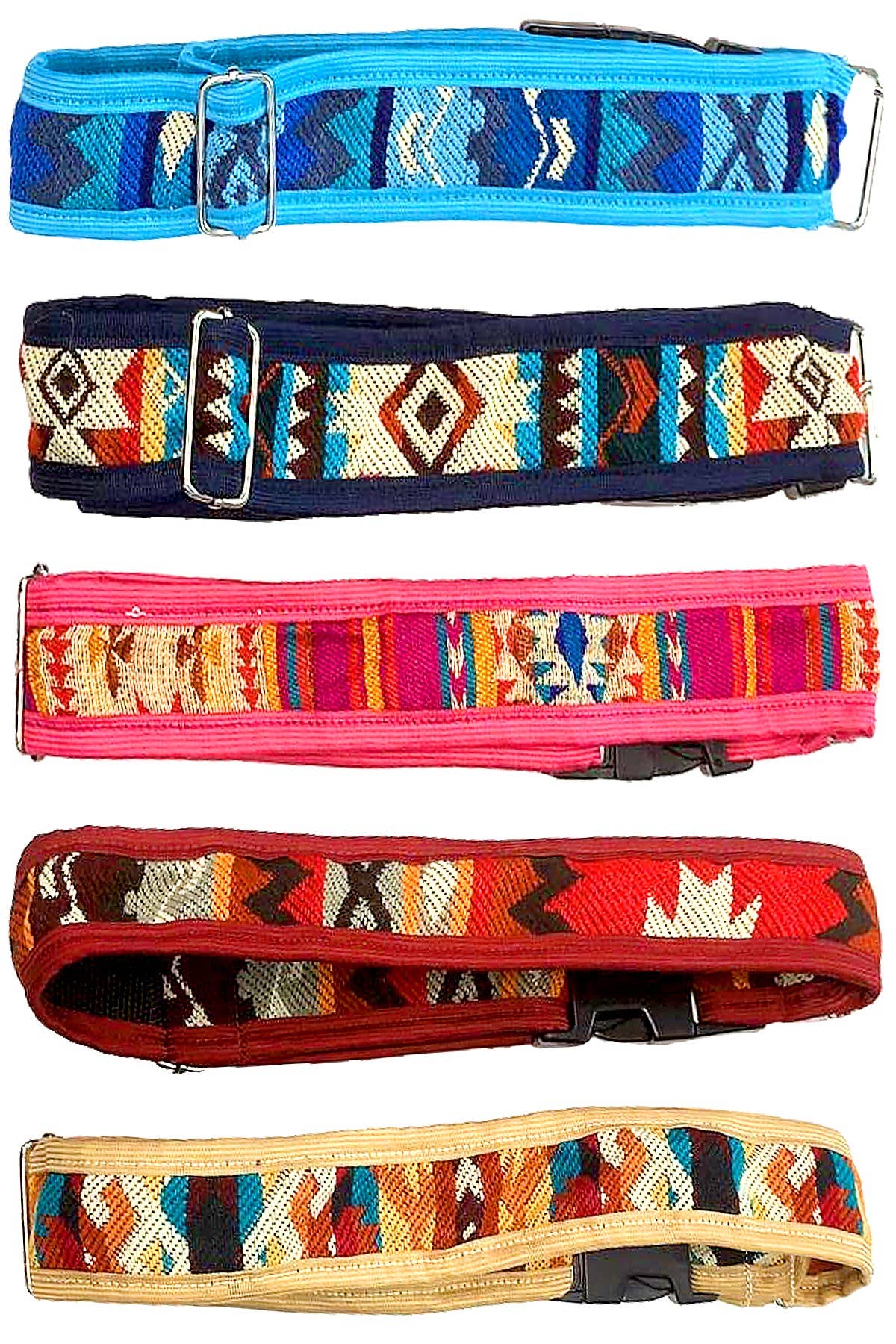 Set of colorful patterned dog collars on a white background