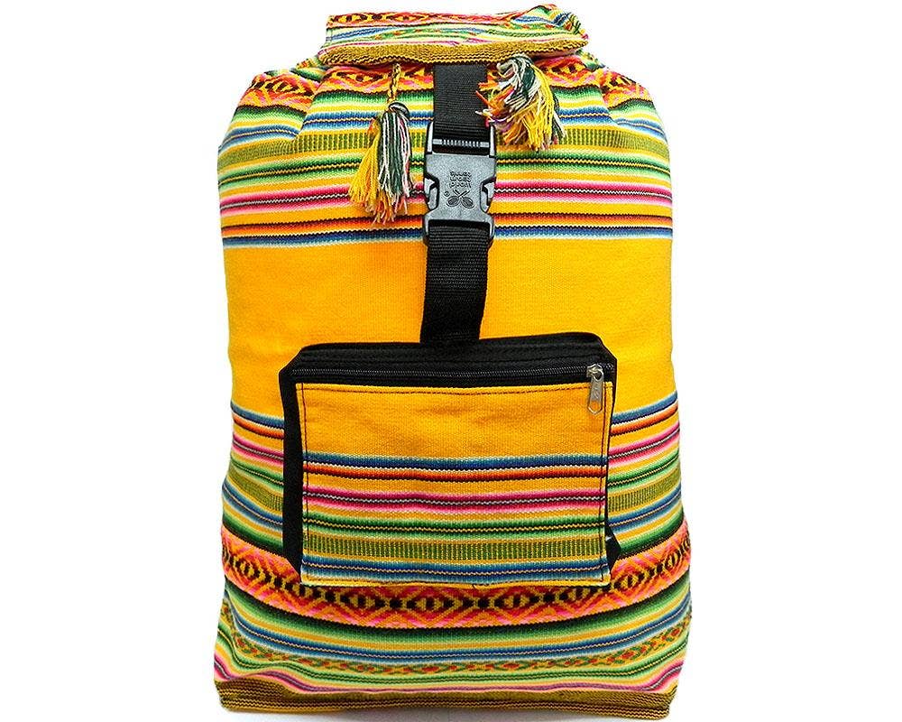 Colorful striped backpack with a yellow base on a white background