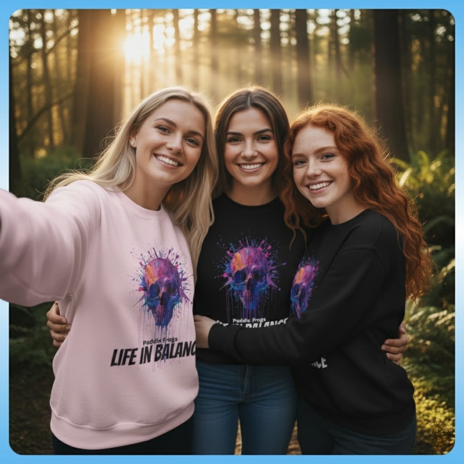 drip paint skull sweatshirt by Paddle Frogs Outdoor Gear selfie in the Tennessee woods 