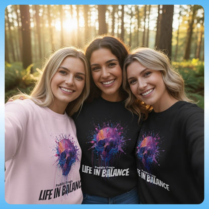 drip paint skull sweatshirt by Paddle Frogs Outdoor Gear three friends selfie in the Tennessee woods 