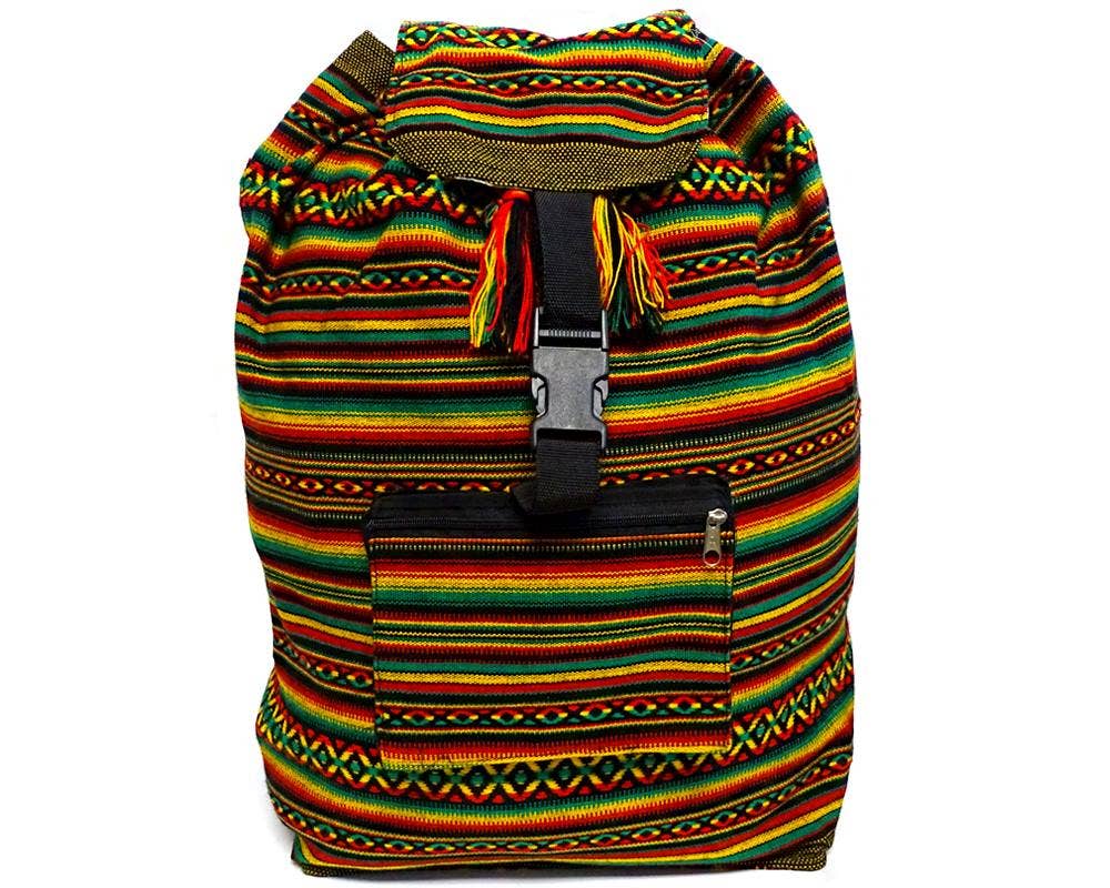 Colorful striped backpack on a white background