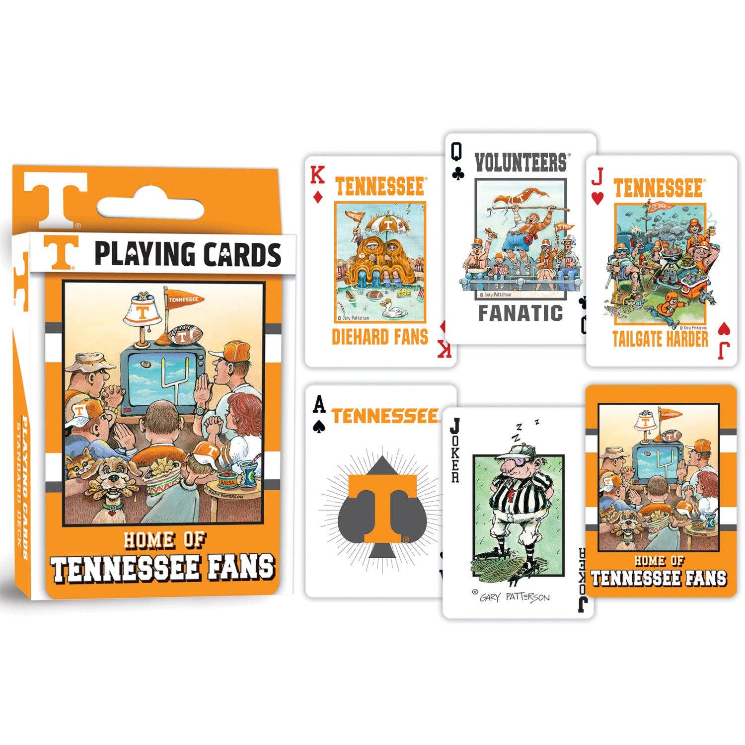 Tennessee Volunteers themed playing cards set with the retail box on the left and four sample cards displayed to the right, featuring collegiate fan illustrations and team colors.