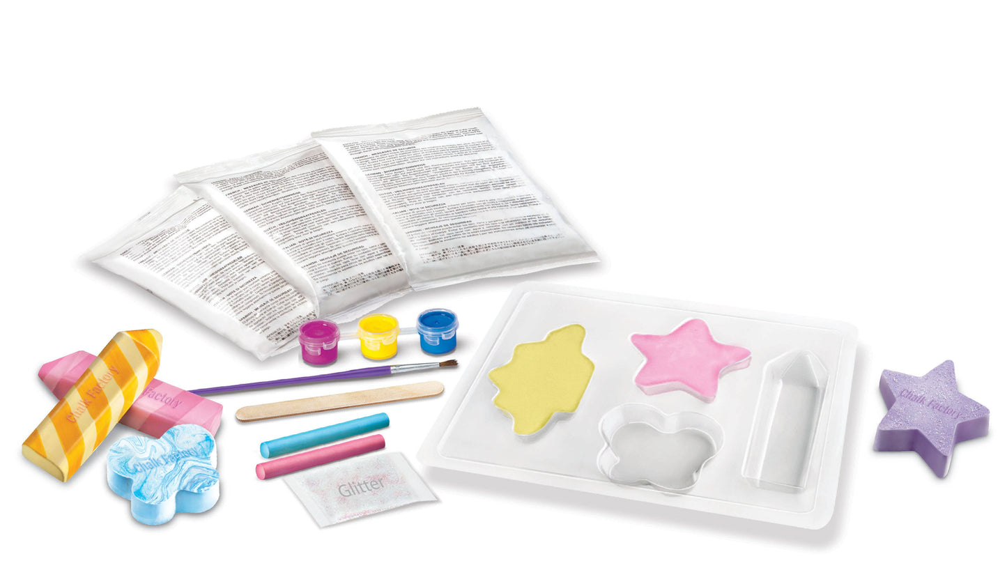Children's chalk craft kit with molds, paint, and other supplies on a white background