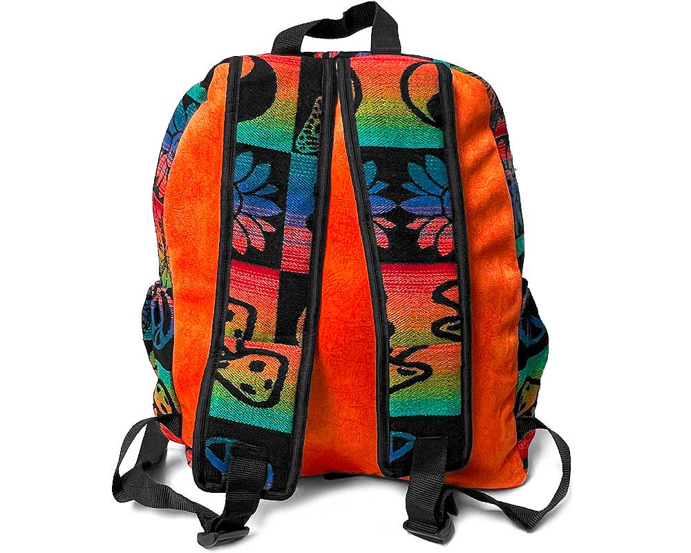 Colorful backpack with a vibrant pattern perfect for college and high school students on a white background