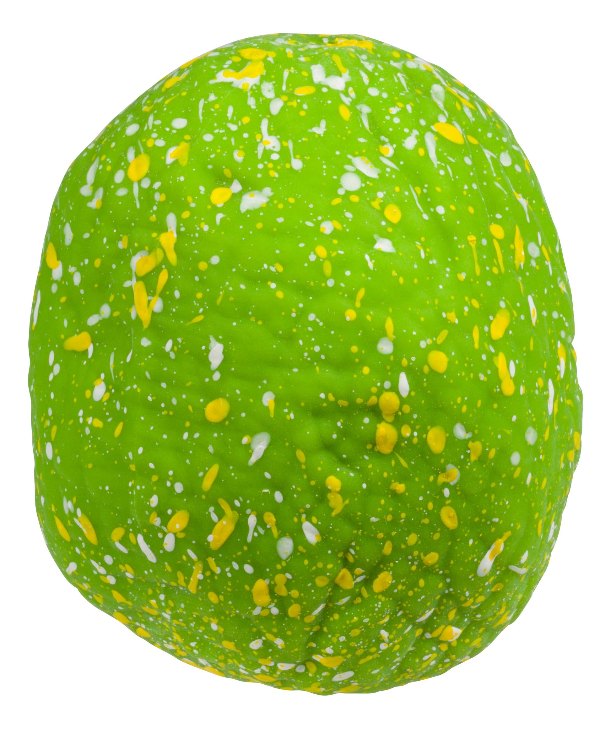 Green egg with yellow and white speckles on a white background