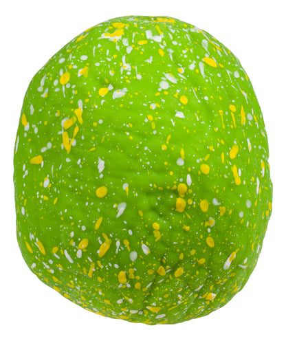 Green egg with yellow and white speckles on a white background