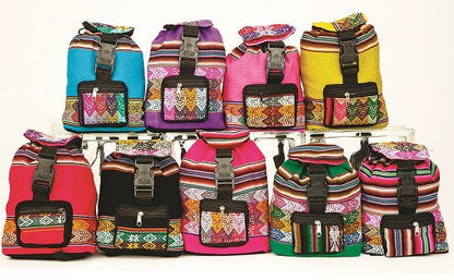Colorful backpack purses with patterned designs on a white background