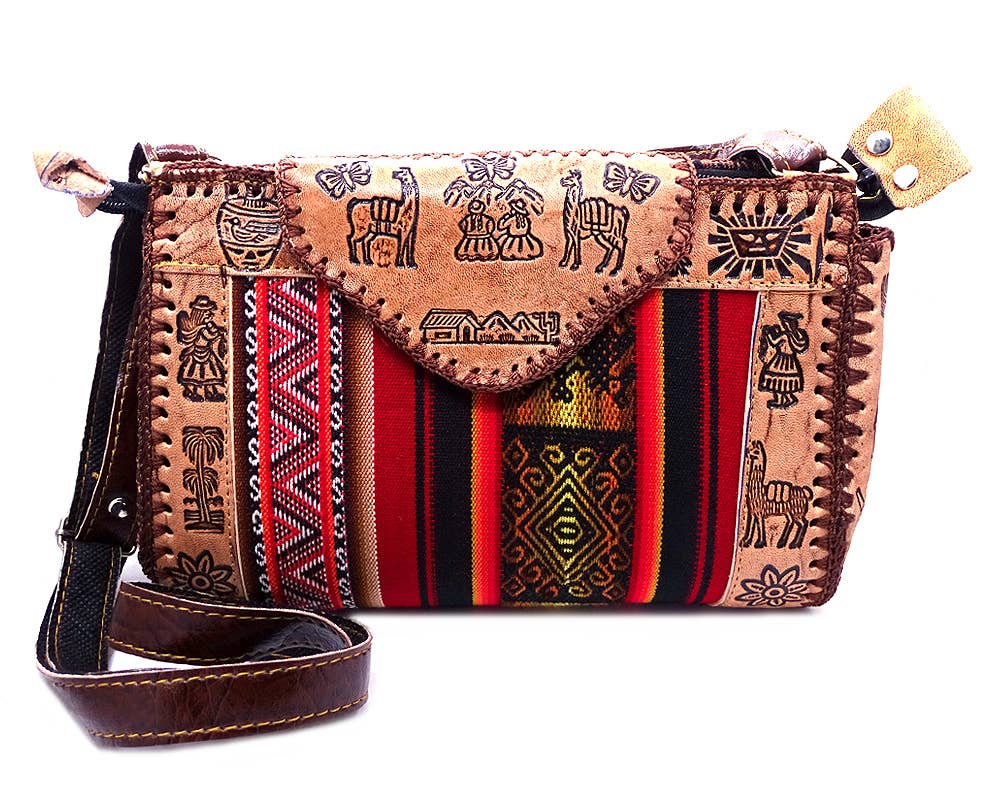 Brown leather crossbody bag with colorful patterned strap on a white background