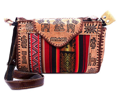 Brown leather crossbody bag with colorful patterned strap on a white background