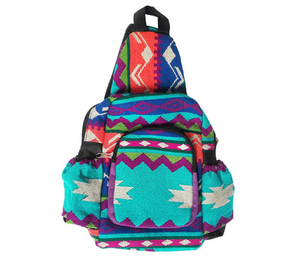 Colorful patterned backpack on a white background