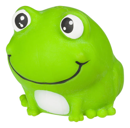 Green frog-shaped toy with a smiling face on a white background