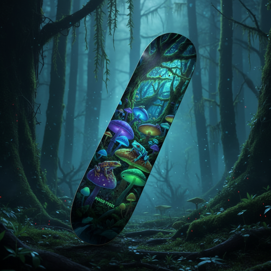 Epic glow-in-the-dark Fungal Luminous Canopy skateboard deck by Paddle Frogs