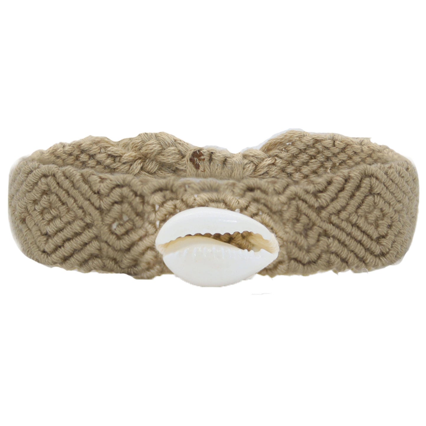 A thick braided rope bracelet in a natural tan color, featuring a white cowrie shell in the center, set against a plain white background.