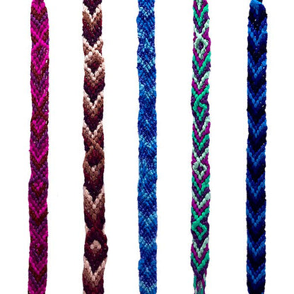 Five braided bracelets of different colors on a white background