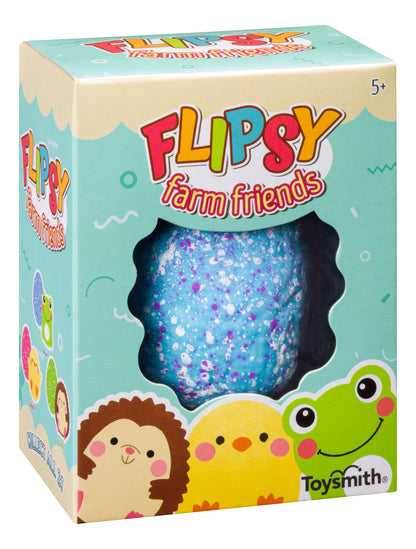 Flipsy Farm Friends toy packaging with a blue glittery ball and colorful characters on a white background.