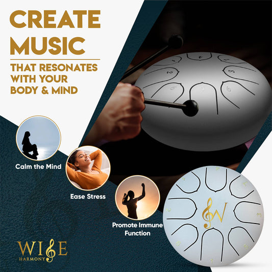 Steel tongue drum with text and icons promoting wellness and music creation.