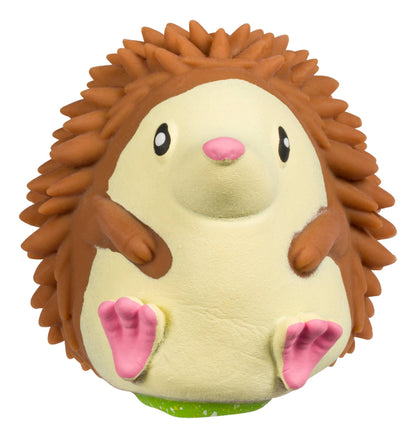 Plush toy hedgehog with brown spines, beige body, and pink feet on a white background