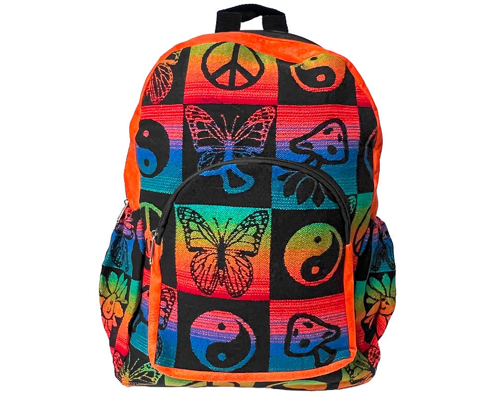 Colorful backpack with peace signs, butterflies, and yin yang symbols on a white background