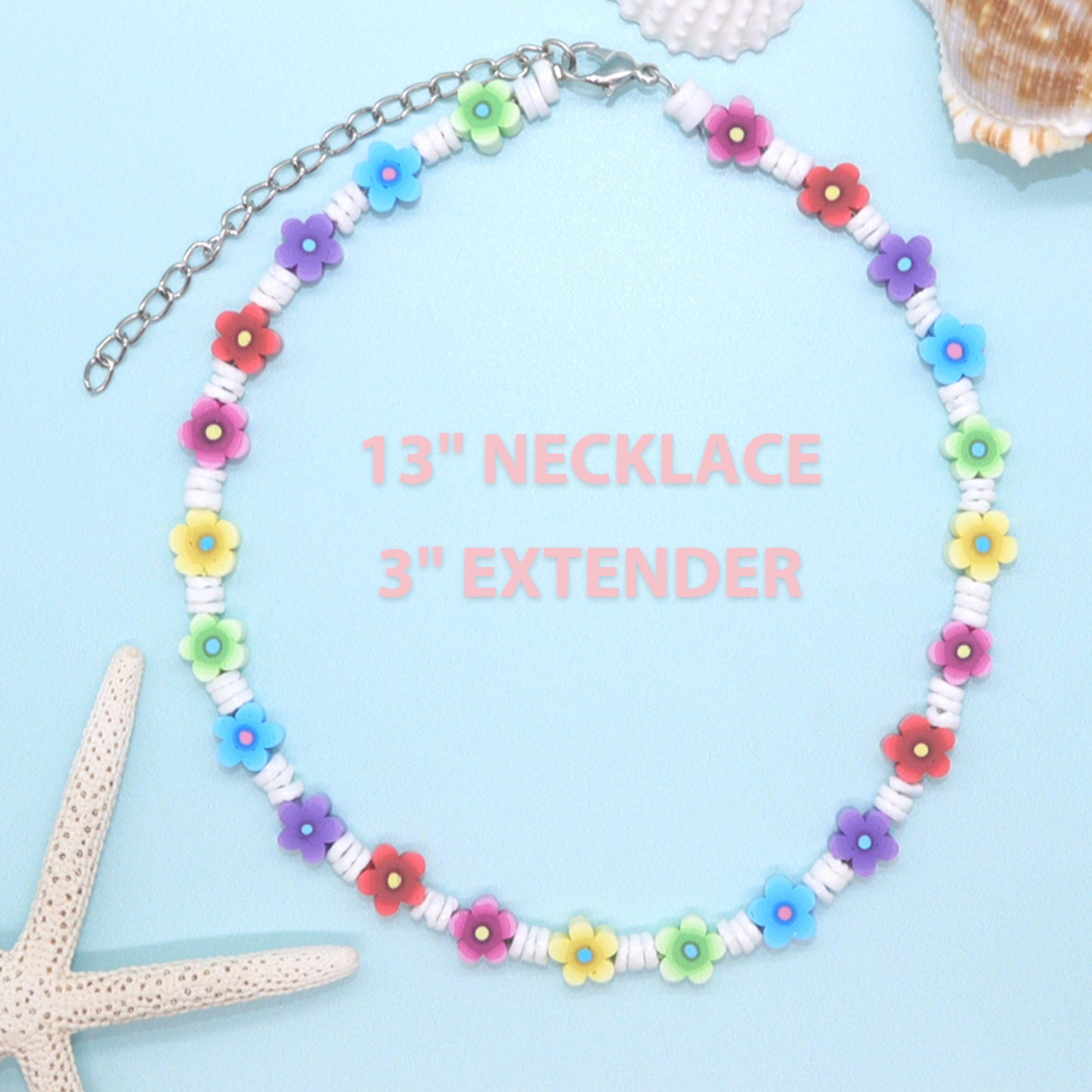 Girls 16-Inch Genuine White Clam Shell & Fimo Daisy Necklace (Blue & Green)