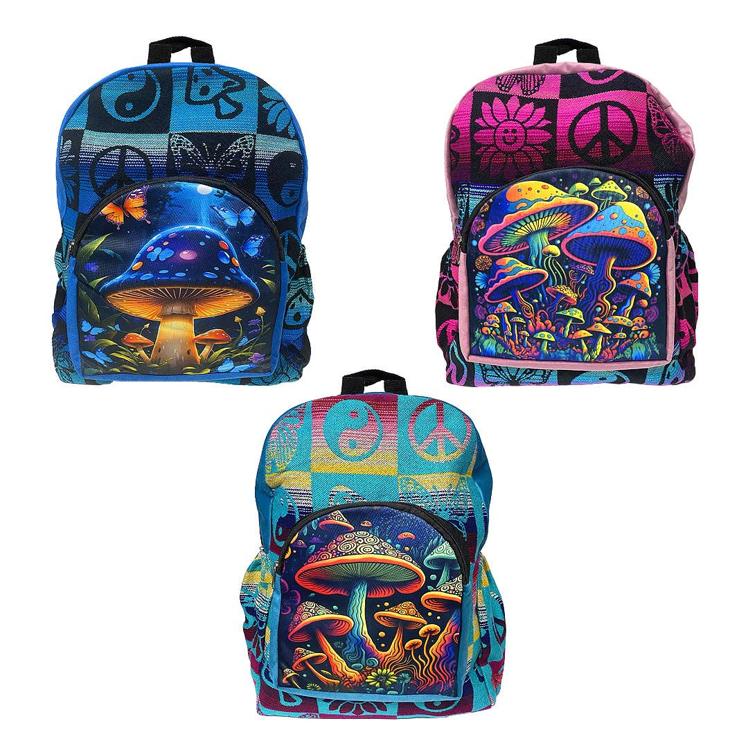 Three colorful backpacks with psychedelic designs on a white background
